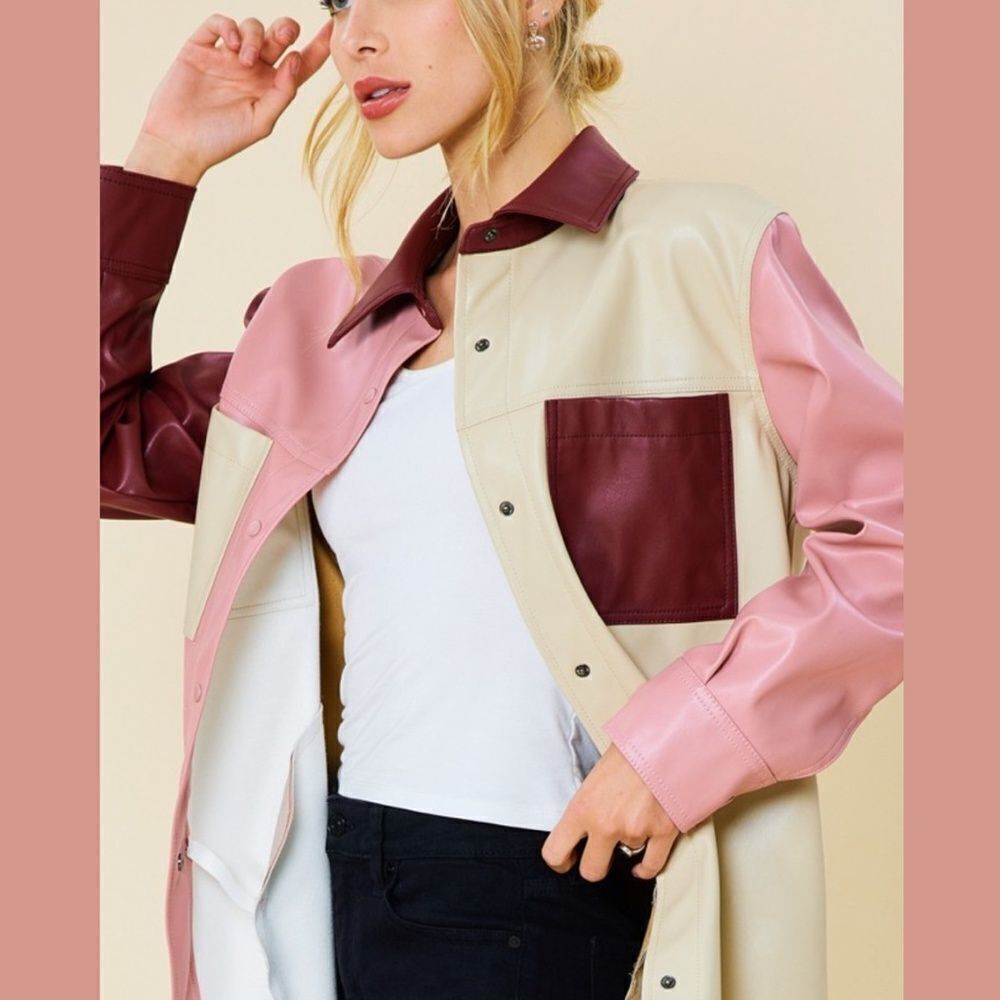 Color Block Faux Leather Shacket - Picture 2 of 5